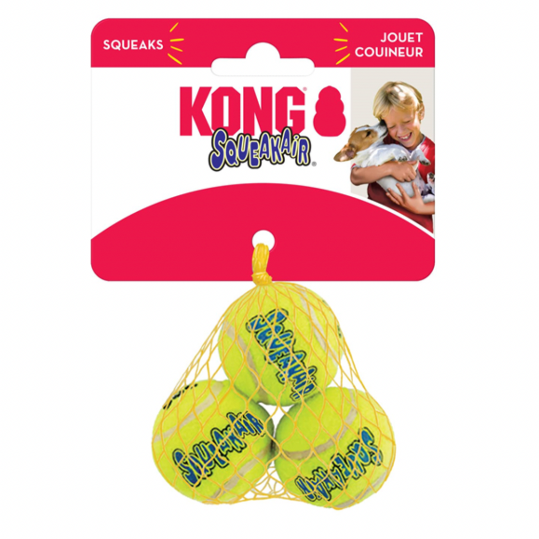 KONG SqueakAir XS yellow squeaky tennis balls in a three-pack