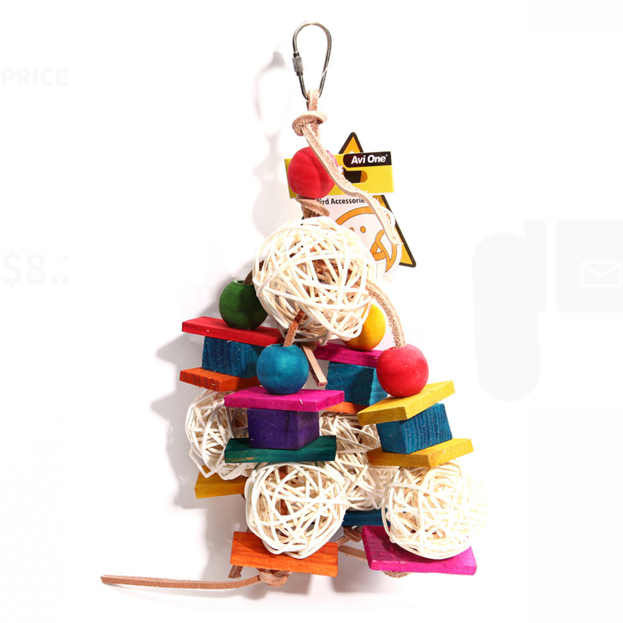 Avi One Parrot Toy - Leather Rope With Rattan Ball & Coloured W/ Block 35cm