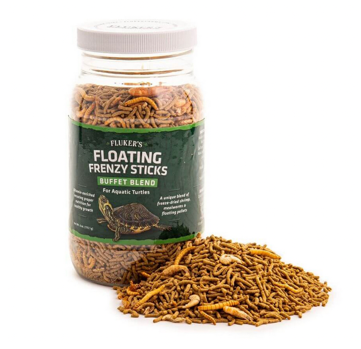 Jar of Fluker's Floating Frenzy Sticks Buffet Blend for aquatic turtles