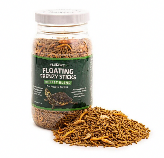 Jar of Fluker's Floating Frenzy Sticks Buffet Blend for aquatic turtles
