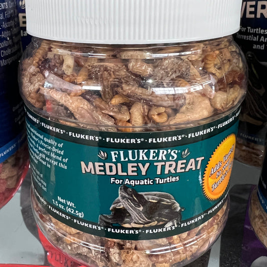 Fluker's Medley Treat - A nutrient-packed blend of river shrimp, mealworms, and crickets, perfect for turtles. 🐢🦐🍴