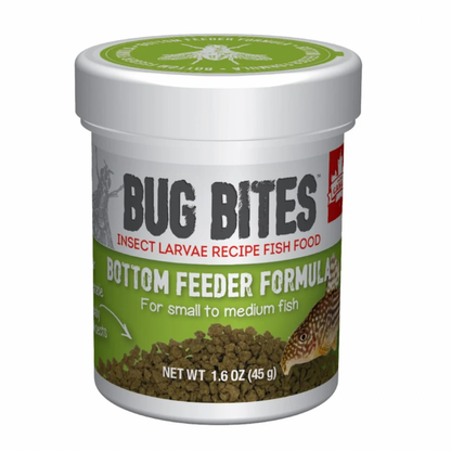 Bug Bites Bottom Feeder Granules with Black Soldier Fly larvae, whole salmon, and sinking format for plecos and ancistrus