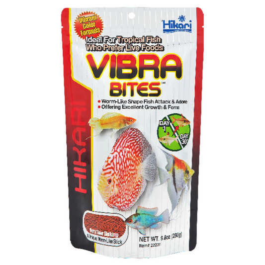Hikari Vibra Bites worm-like fish food with color enhancers for tropical fish that prefer live foods