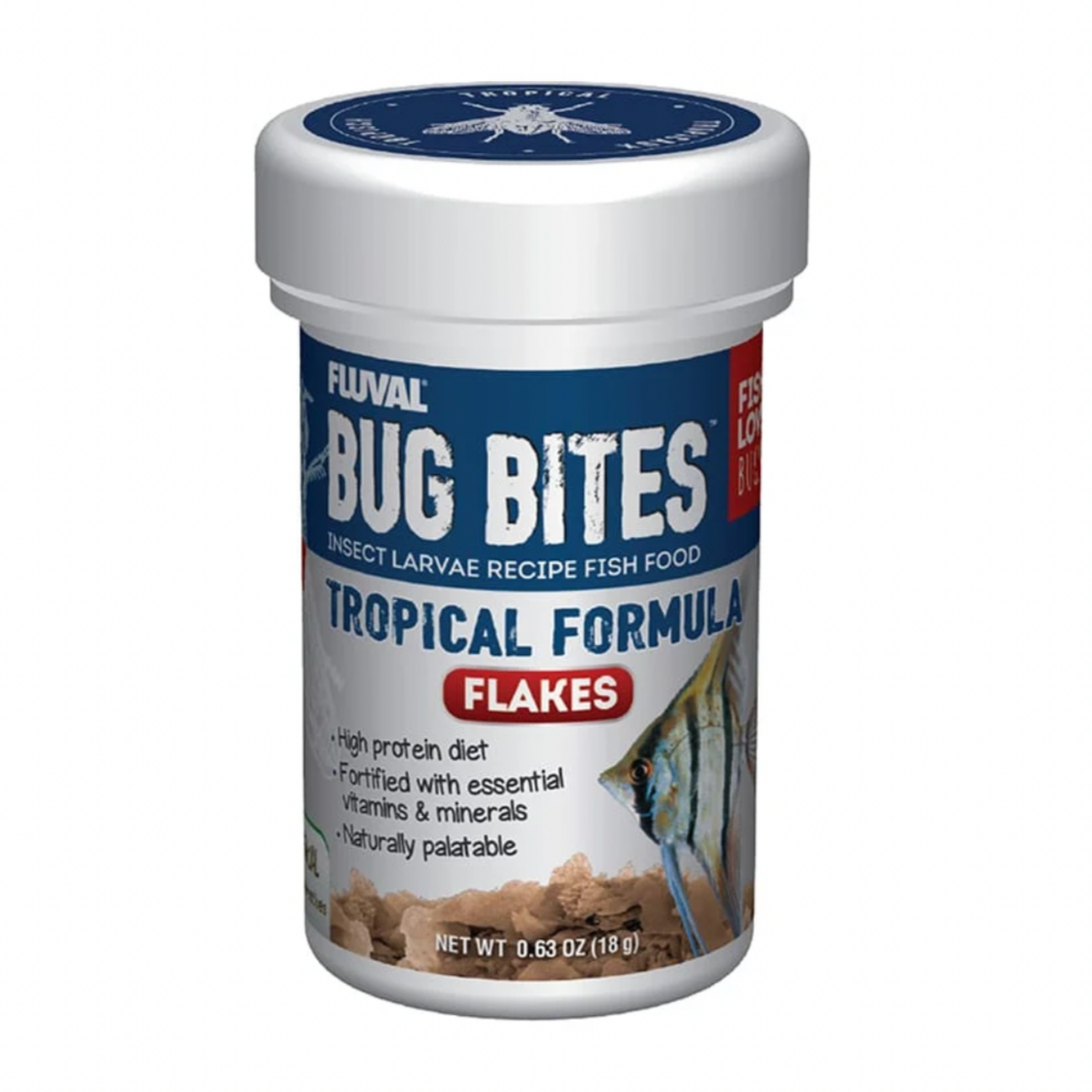 Bug Bites Tropical Flakes fish food with Black Soldier Fly larvae, high protein, and Omega 3 & 6 for tropical fish health and color