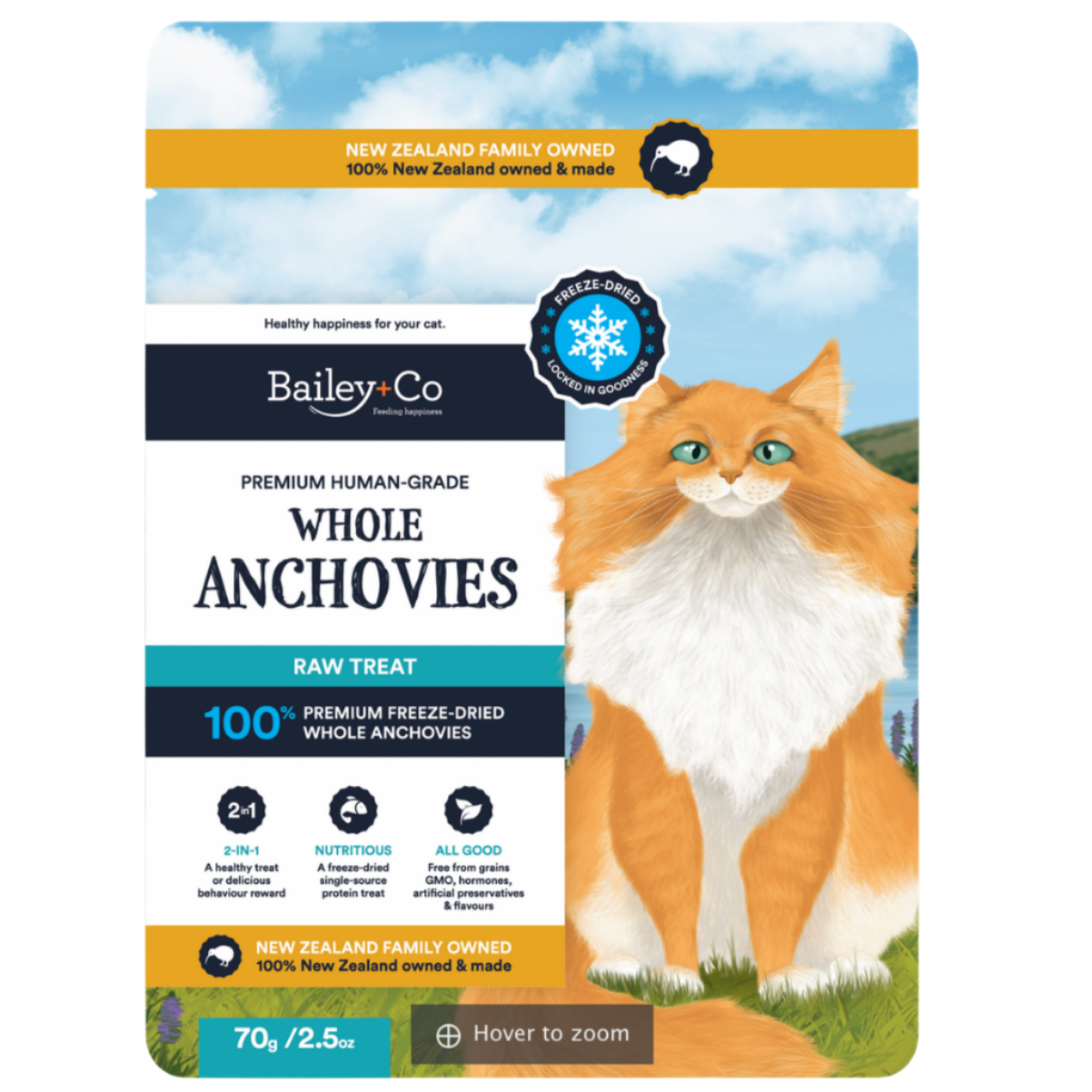 Bailey+Co Freeze-Dried Anchovy Cat Treats – 70g Bag of Whole Human-Grade Anchovies