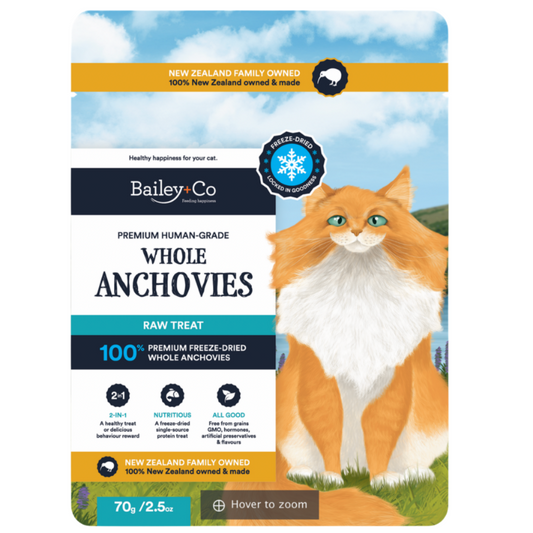 Bailey+Co Freeze-Dried Anchovy Cat Treats – 70g Bag of Whole Human-Grade Anchovies
