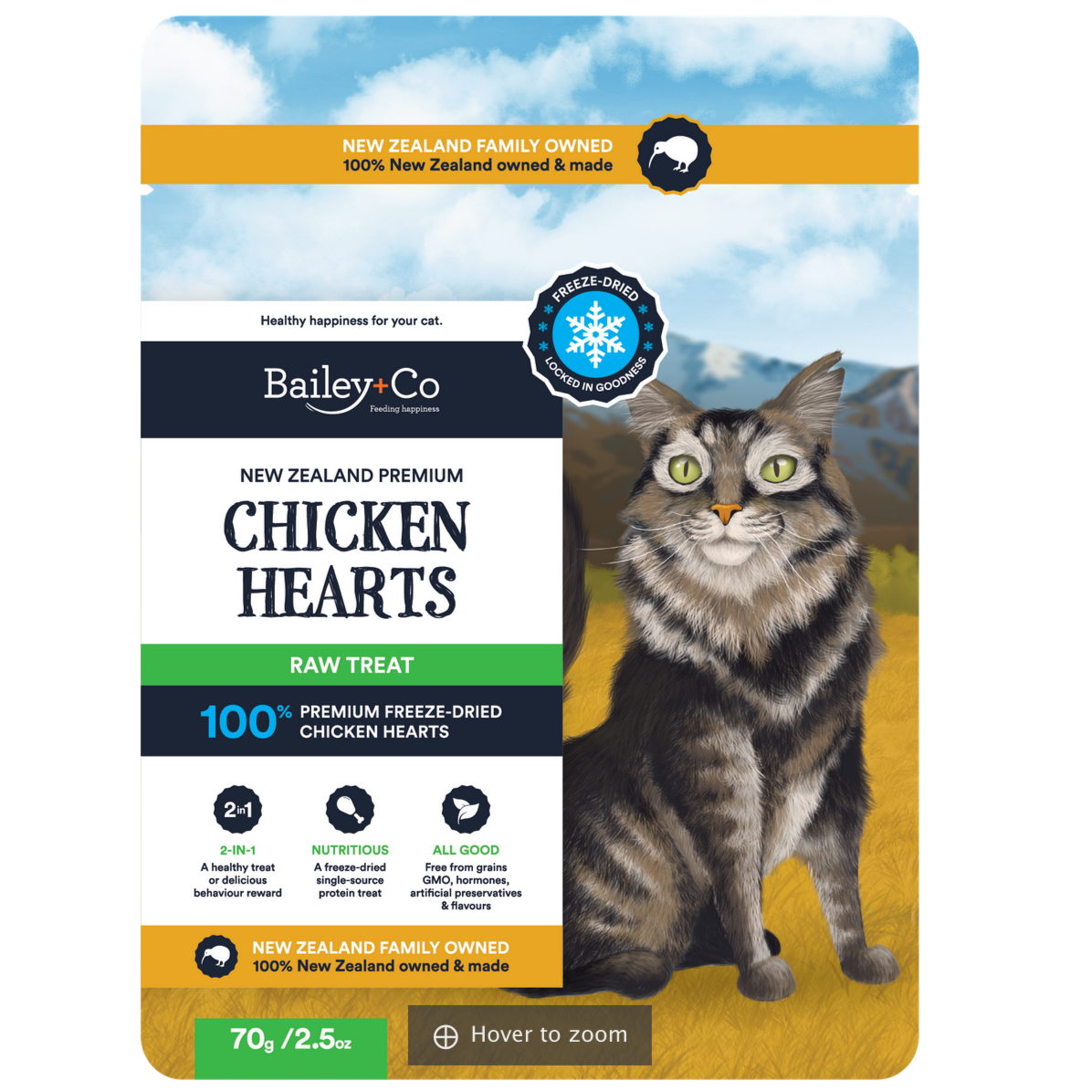 Bailey+Co Freeze-Dried Chicken Heart Cat Treats – 70g NZ Barn-Raised, Single Ingredient Treats