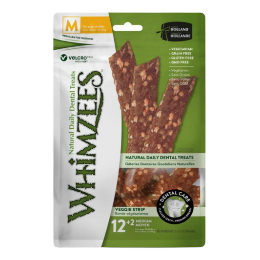 Whimzees Veggie Strips – Medium Size Dog Dental Chews Value Bag, grain-free and vegetarian